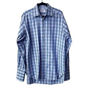 Charles Tyrwhitt Men's Blue Plaid 16x35‎ Collared Cotton Button Down Shirt